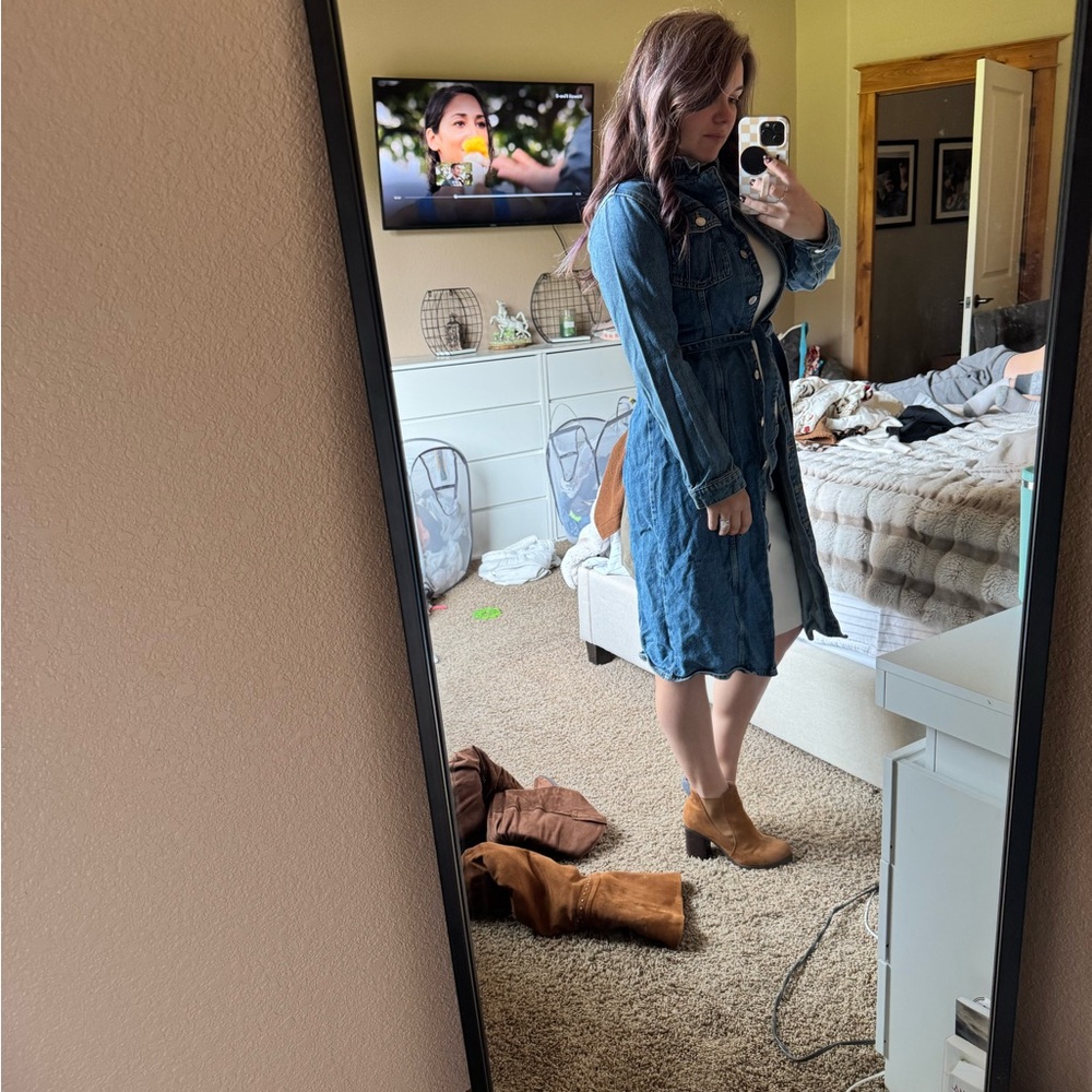 Denim Long Sleeve Dress with Belt - Picture 1 of 1